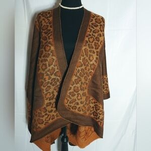 Nwt Ladies Axxents Brown w/ Leopard Blanket Open Front Sweater Poncho Wrap OS